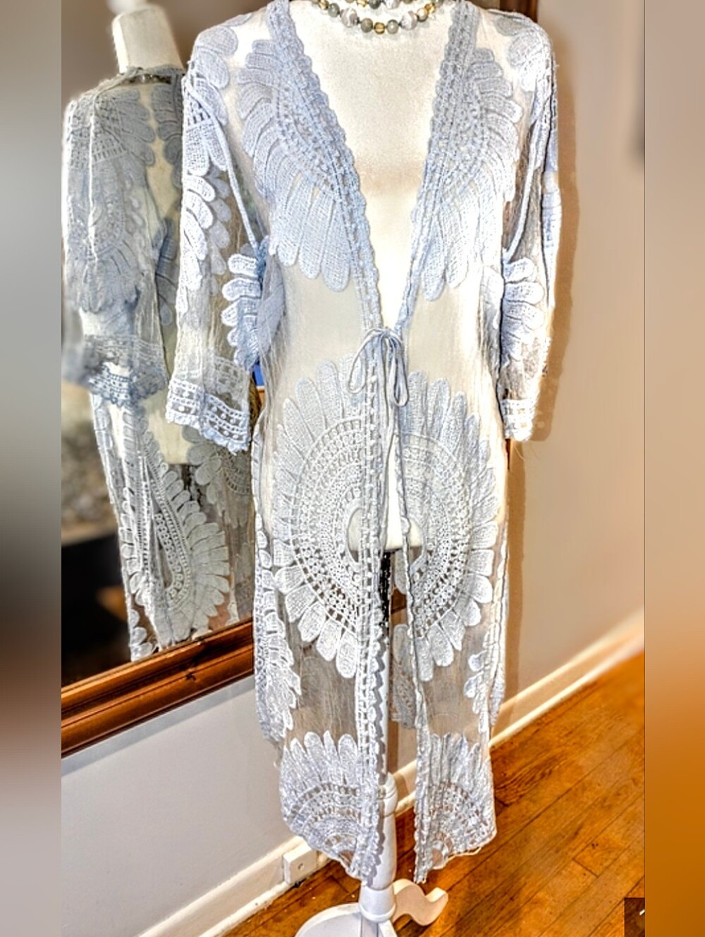 Sheer Crochet Lace Duster Beach Coverup- Light Blue